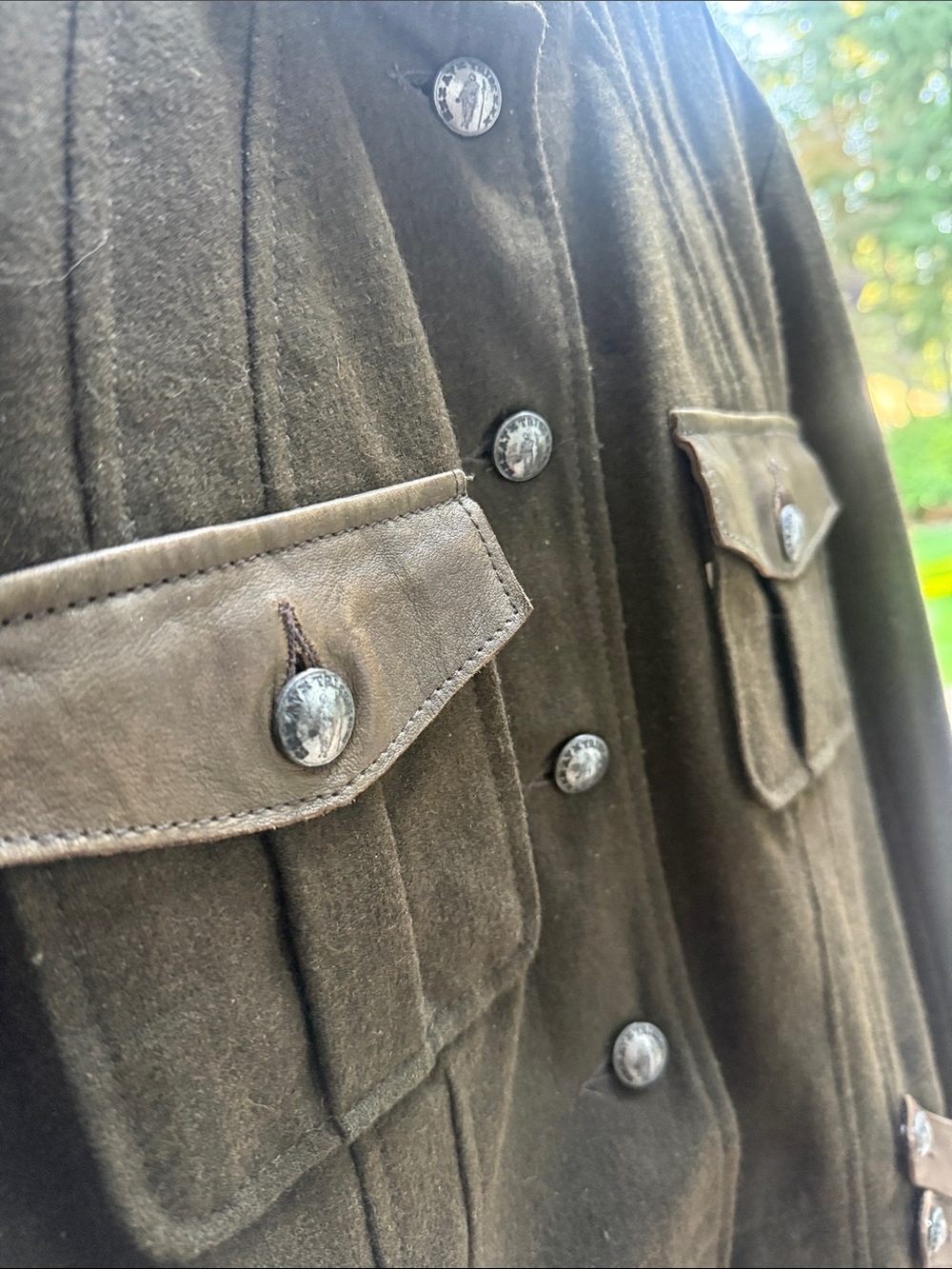 Military-Style Olive Green Button wool and leather Jacket by My Tribe size Large - Picture 7 of 15